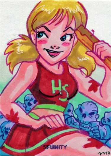 Cheerful blonde girl in red outfit with Hi, surrounded by blue skulls on 5funity sketch card