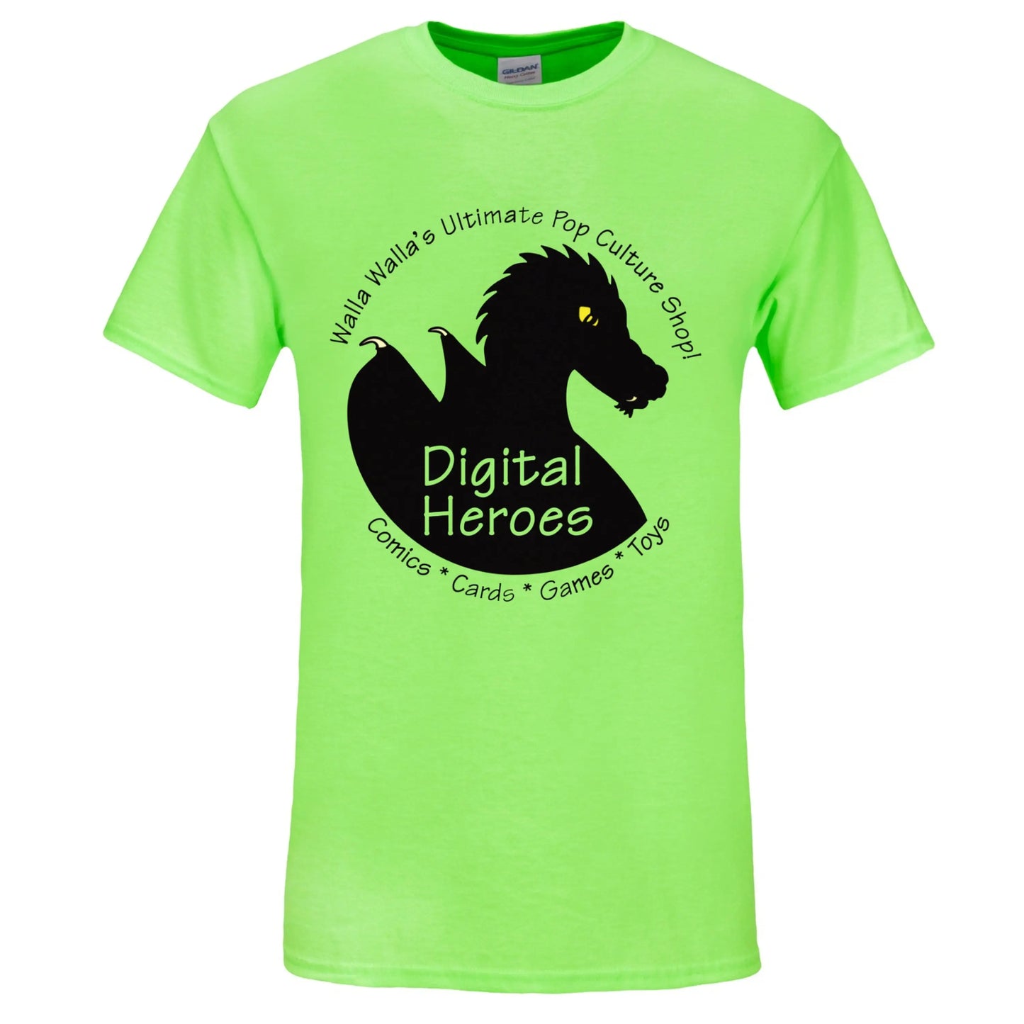 Bright green Digital Heroes t-shirt with black dragon logo and graphic design