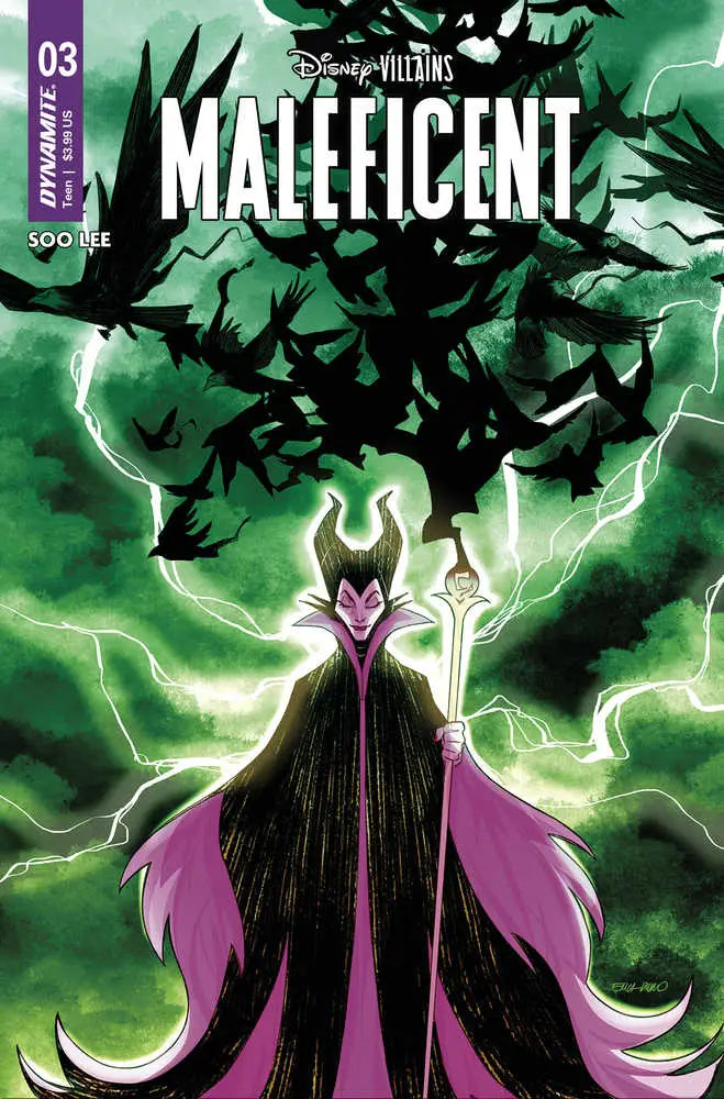 Dark figure in black and purple robe with staff, featured in Disney Villains trading cards