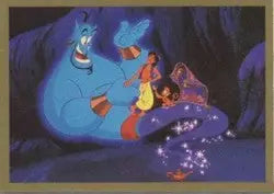 Blue genie emerging from a lamp with purple smoke on Disney’s Aladdin S1 promo card