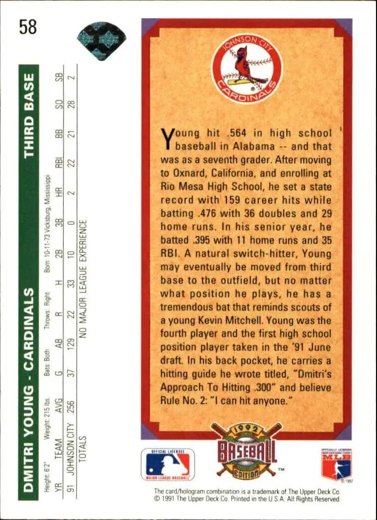 Dmitri Young 1992 Upper Deck MLB #58 Baseball Card St. Louis Cardinals - Baseball Card Single