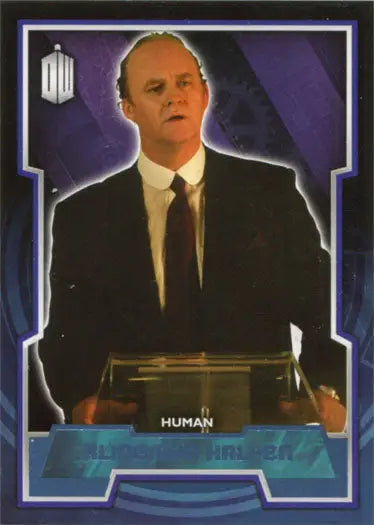 Bald man in a suit holding Human box on purple background, Blue Foil Parallel Card