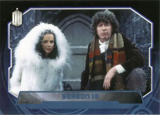 Trading card featuring Doctor Who characters in a blue foil design with a long scarf