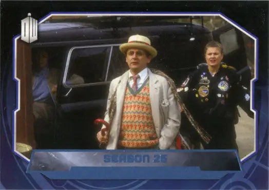Two men outside a vehicle, one in colorful attire, featured on a Blue Foil Parallel Card