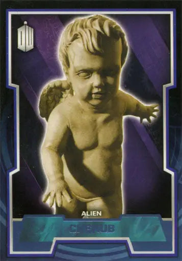 Cherubic statue glowing gold on a purple backdrop for Doctor Who Blue Foil Parallel Card