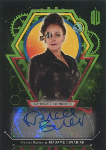 Autographed trading card of Frances Barber with colorful hexagonal background design
