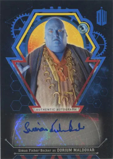 Blue-skinned alien in ornate robes on Doctor Who Autograph Card Simon Fisher-Becker