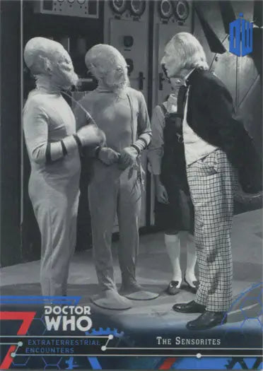 Four alien figures from Doctor Who in costumes and checkered trousers for Blue Parallel Chase