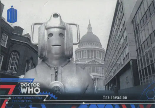 Robotic figure with a cylindrical head from Doctor Who Blue Parallel Chase Card 55