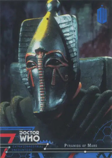 Metallic robotic head with glowing red eyes on Doctor Who Blue Parallel Chase Card 60