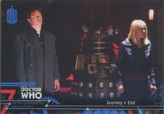 Dalek robot from Doctor Who with two people in Doctor Who Blue Parallel Chase Card 82