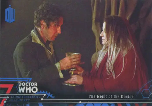 Two people exchanging a cup in the Doctor Who Blue Parallel Chase Card 90 #01/99