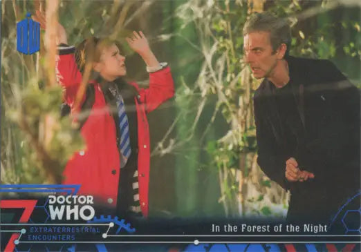 Two people interacting in a forest, featured in Doctor Who Blue Parallel Chase Card
