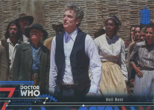Doctor Who blue parallel chase card featuring period costumed characters scene