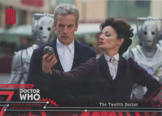 Two actors in formal attire with robotic figures from Doctor Who Red Parallel Chase Card