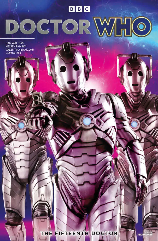 Three Cybermen in metallic armor featured on Doctor Who Fifteenth Doctor trading cards