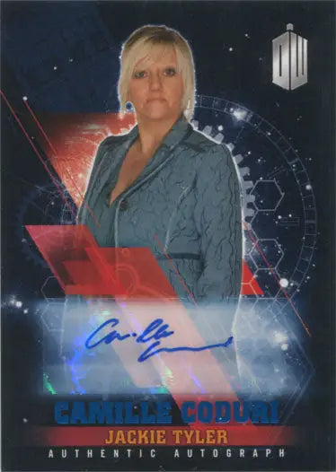 Autograph card of Camille Coduri as Jackie Tyler on a space-themed background