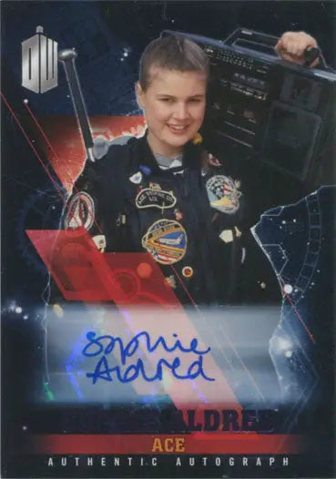 Autographed trading card of Sophie Aldred as Ace against a space-themed background