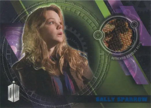 Young woman with blonde hair in sci-fi background for Sally Sparrow trading card