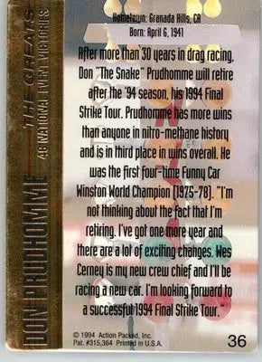 Don Prudhomme - 1994 Action Packed NHRA - #36 - Racing - Racing Card Single