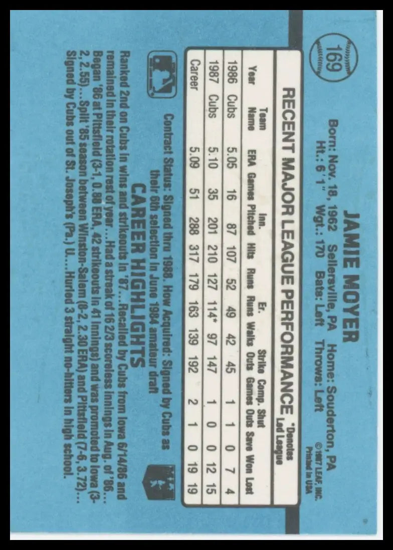 Donruss Jamie Moyer 169 Chicago Cubs LP - Baseball Card Single