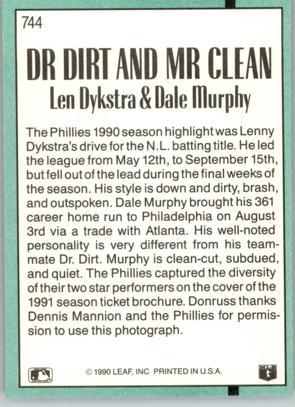 Dr. Dirt and Mr. Clean - 1991 Donruss - #744b - Baseball - Baseball Card Single
