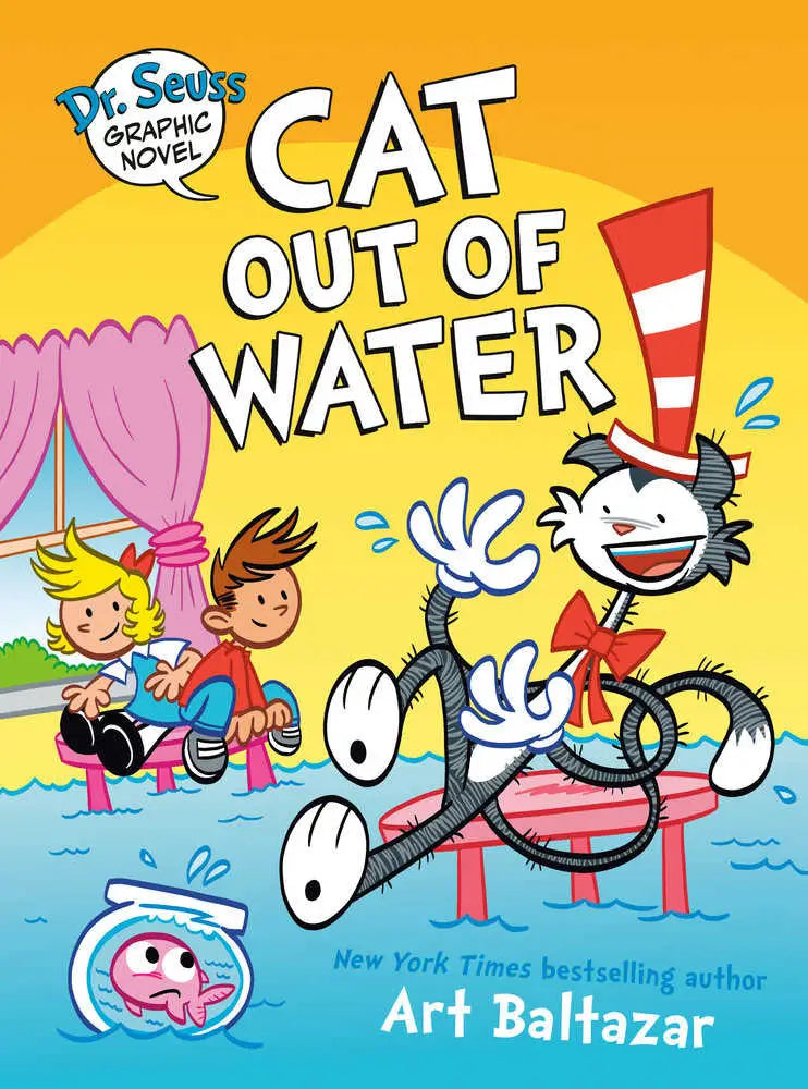 Book cover for Dr. Seuss Cat Out of Water graphic novel with colorful paneled storytelling