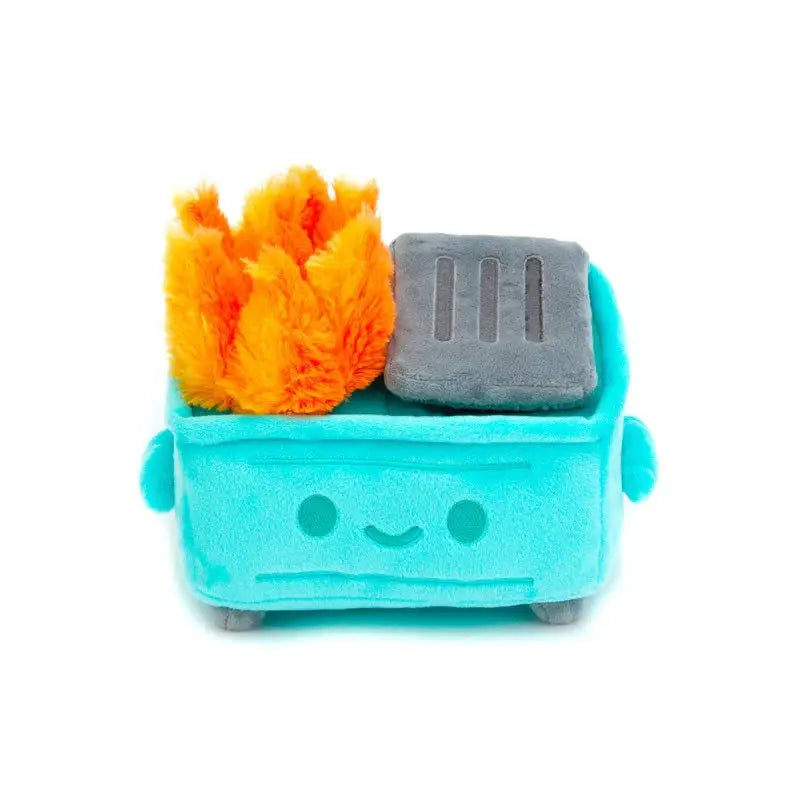 Teal plush dumpster fire toy from Dumpster Fire Plush collection