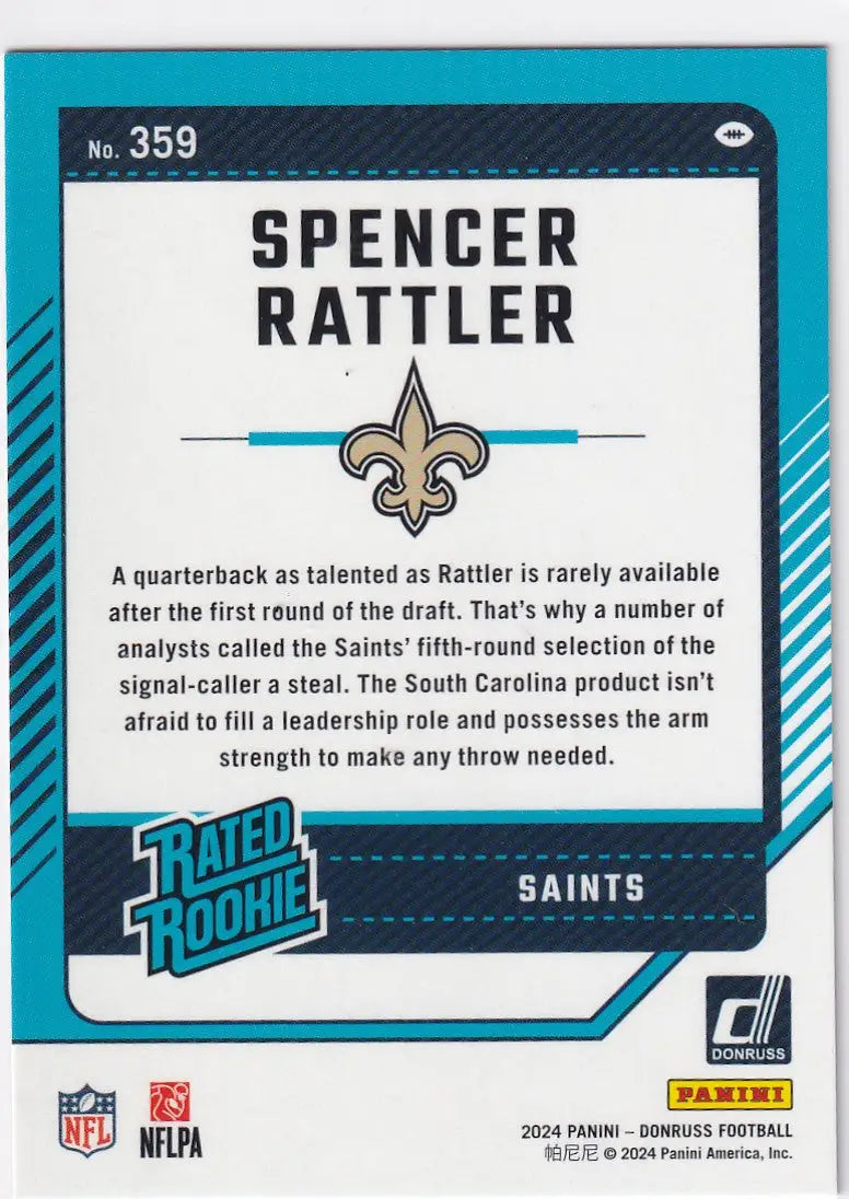 2024 DONRUSS #359 SPENCER RATTLER PURPLE- NEW ORLEANS SAINTS - Football Card Single