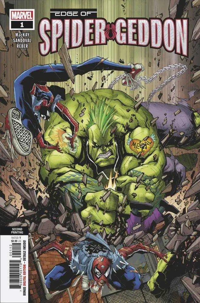 Comic book cover of Edge Of Spider-Geddon #1 with Spider-Man battling Punk Hulk in chaos