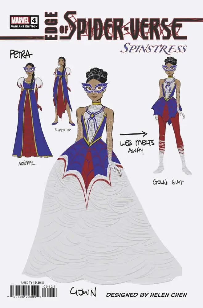 Character design sheet for superhero costume in Edge Of Spider-Verse #4 trading cards