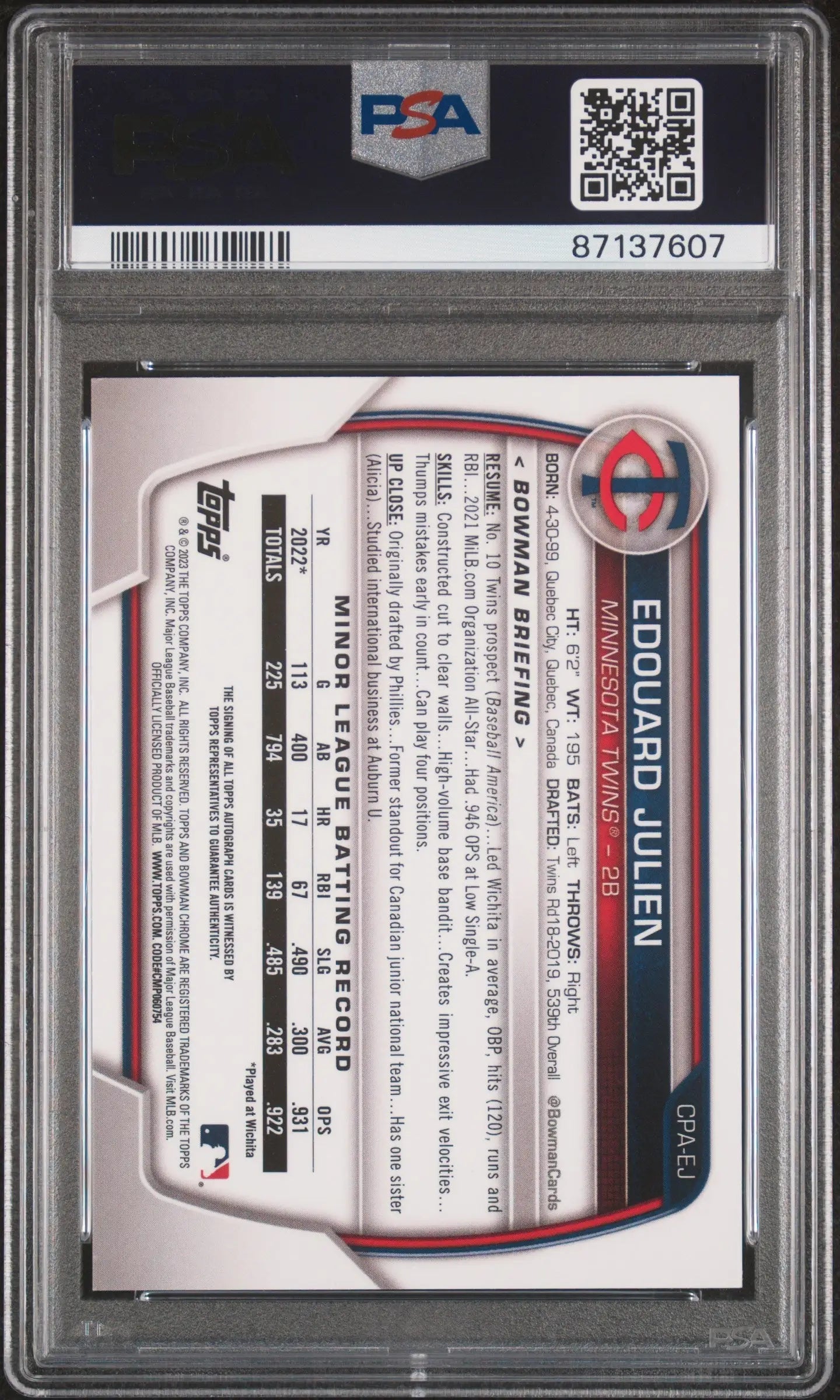 Edouard Julien 2023 Bowman Chrome Speckle Auto #222/299 PSA 10 Gem Mint - Baseball Card Single