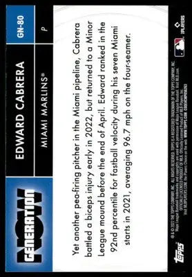 Edward Cabrera 2022 Topps Update Generation Now #GN-80 Miami Marlins - Baseball Card Single