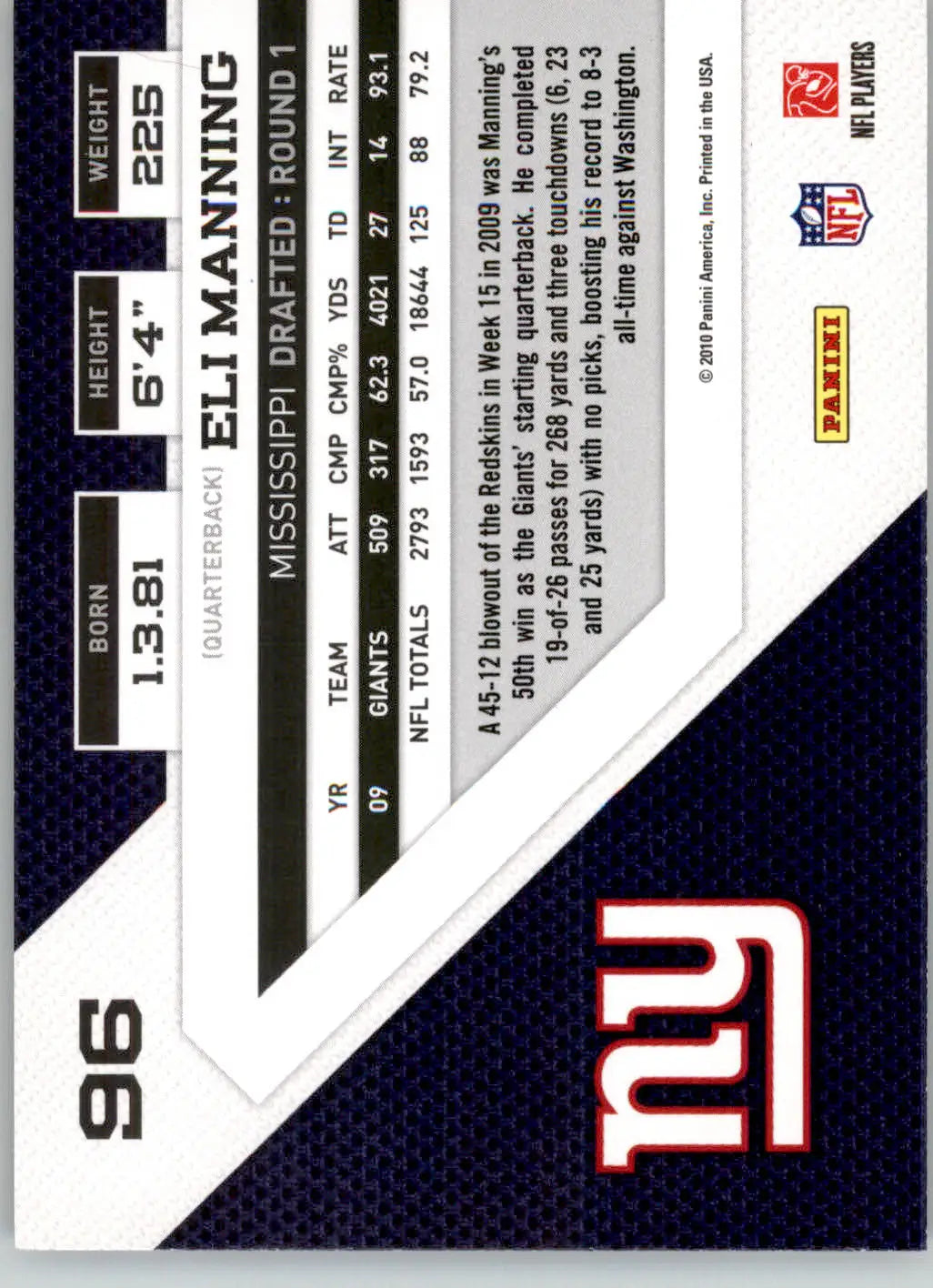 Eli Manning - 2010 Panini Threads - #96 - Football - Football Card Single