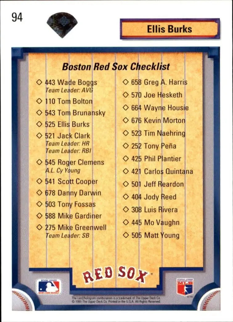 Ellis Burks 1992 Upper Deck MLB #94 Team Checklist Baseball Card Boston Red Sox