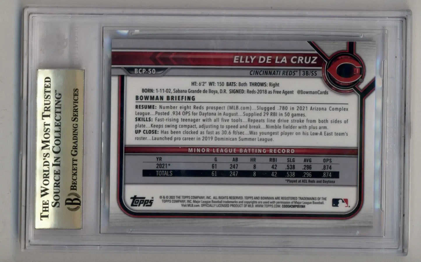 Elly De La Cruz 2022 Bowman Chrome Sapphire Prospects BGS 10 Pristine - Baseball Card Single