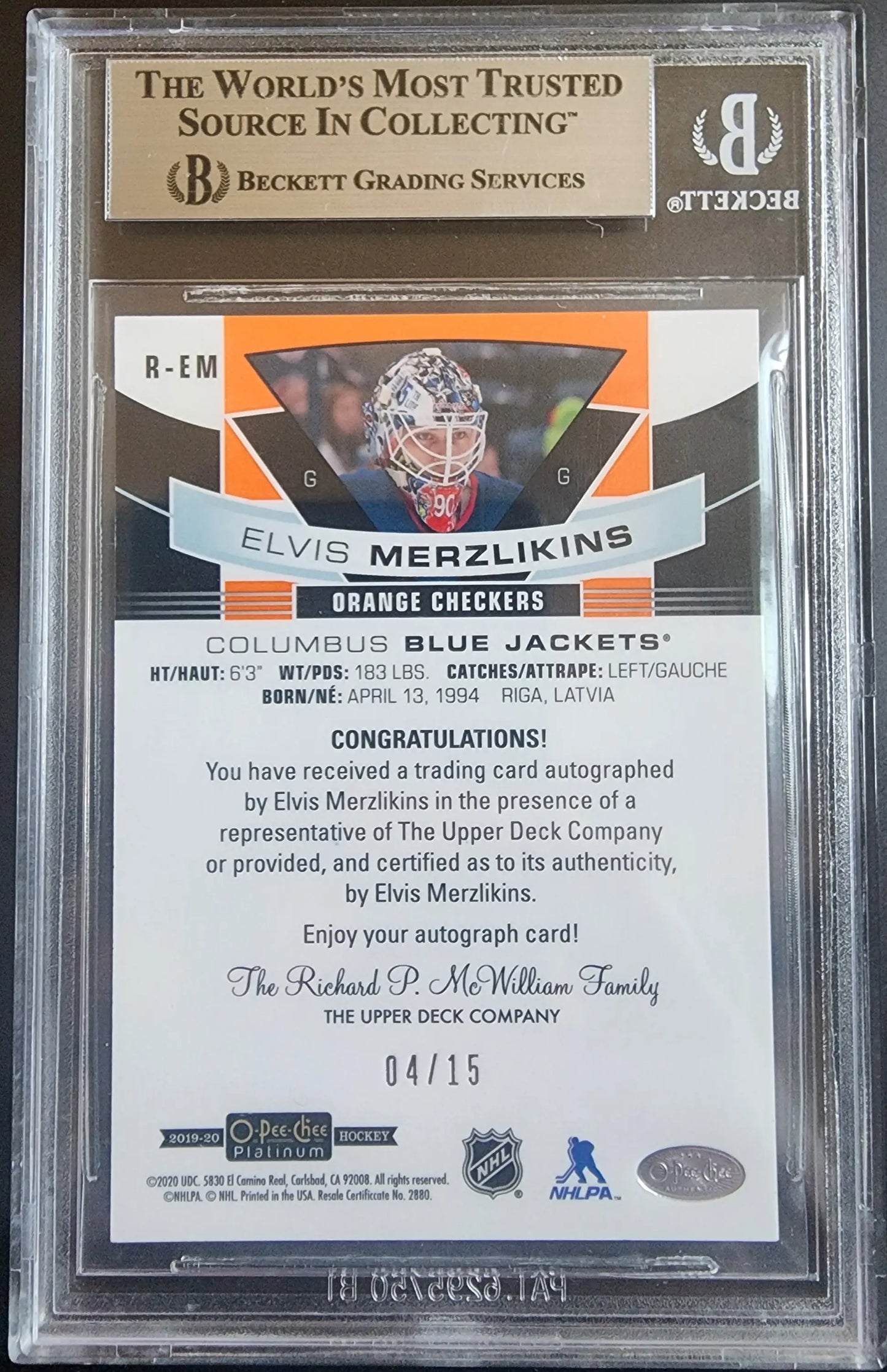 Elvis Merzlikins 2019 OPC Platinum Orange Checkers Auto #4/15 BGS 7.5 - Hockey Card Single