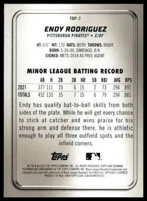 Endy Rodriguez 2022 Bowman Platinum Top Prospects #TOP-7 Pittsburgh Pirates - Baseball Card Single
