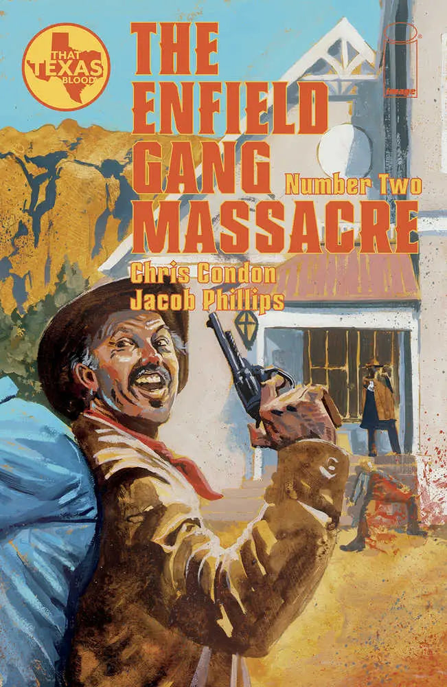 Book cover for Enfield Gang Massacre with dynamic Western action artwork in trading cards