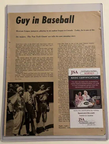 Enos Slaughter signed magazine page autographed with JSA authentication for collectors