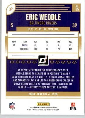 Eric Weddle - 2018 Donruss - #25 - Football - Football Card Single