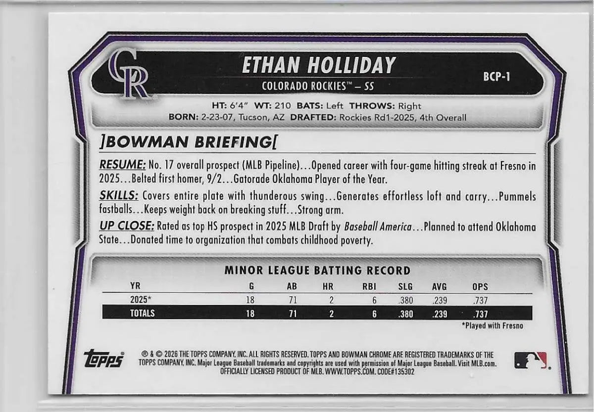 Ethan Holiday 1st Bowman Chrome 1 2026 Bowman BCP-1 Colorado Rockies (1317) - Baseball Card Single