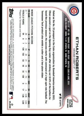 Ethan Roberts Rookie 2022 Topps Update #US256 Chicago Cubs - Baseball Card Single