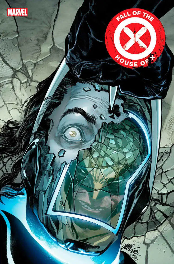 Comic book cover of Fall Of The House Of X #3 featuring dramatic cracked glass design