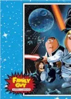 Cartoon parody of Star Wars characters as Family Guy with lightsabers on promo card
