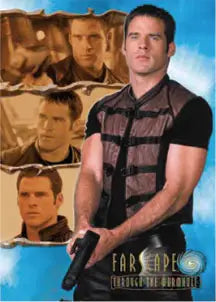 Man in dark plaid shirt standing by Farscape trading cards promo portraits