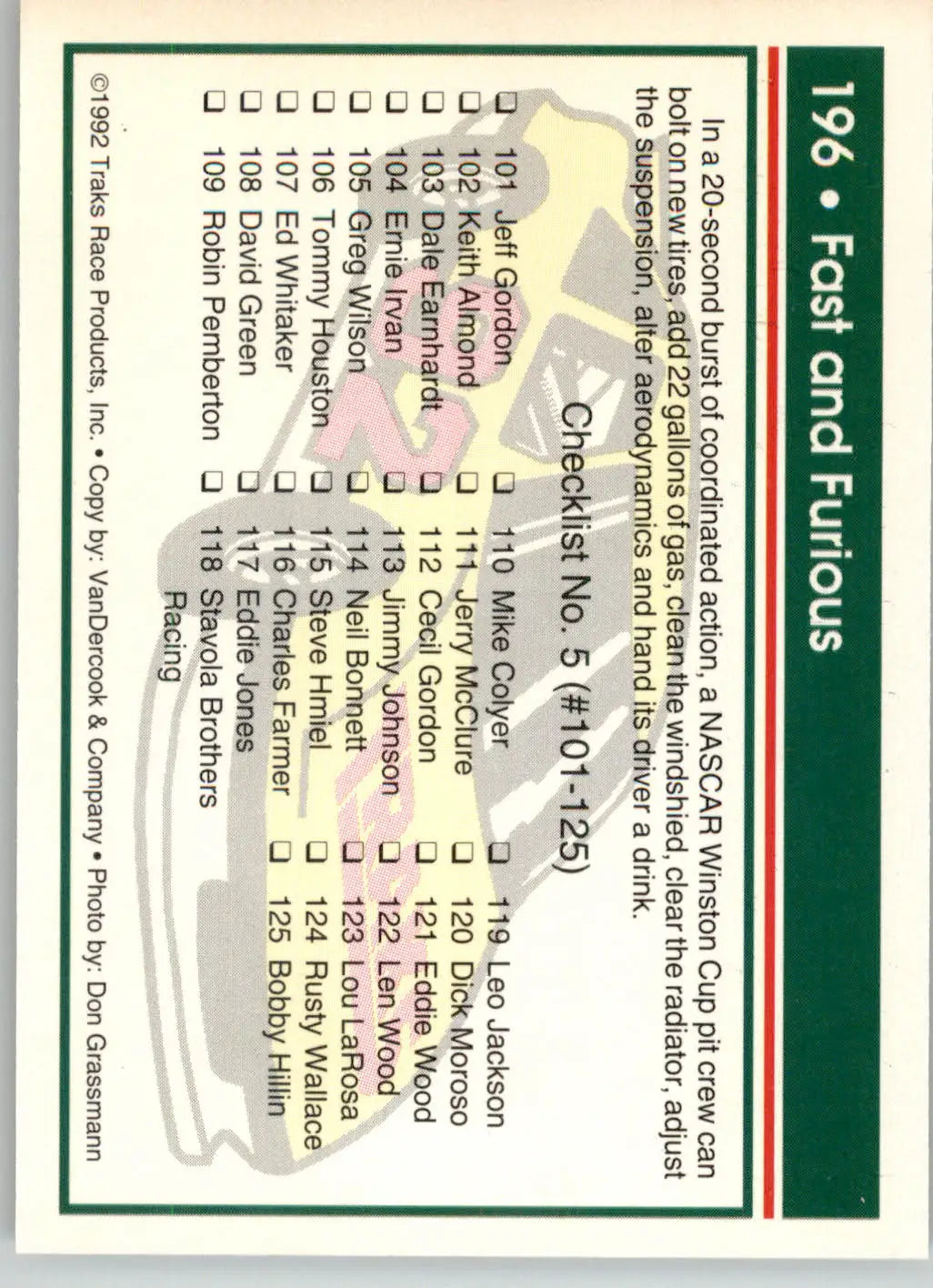 Fast and Furious - 1992 Traks - #196 - Racing - Entertainment Card Single