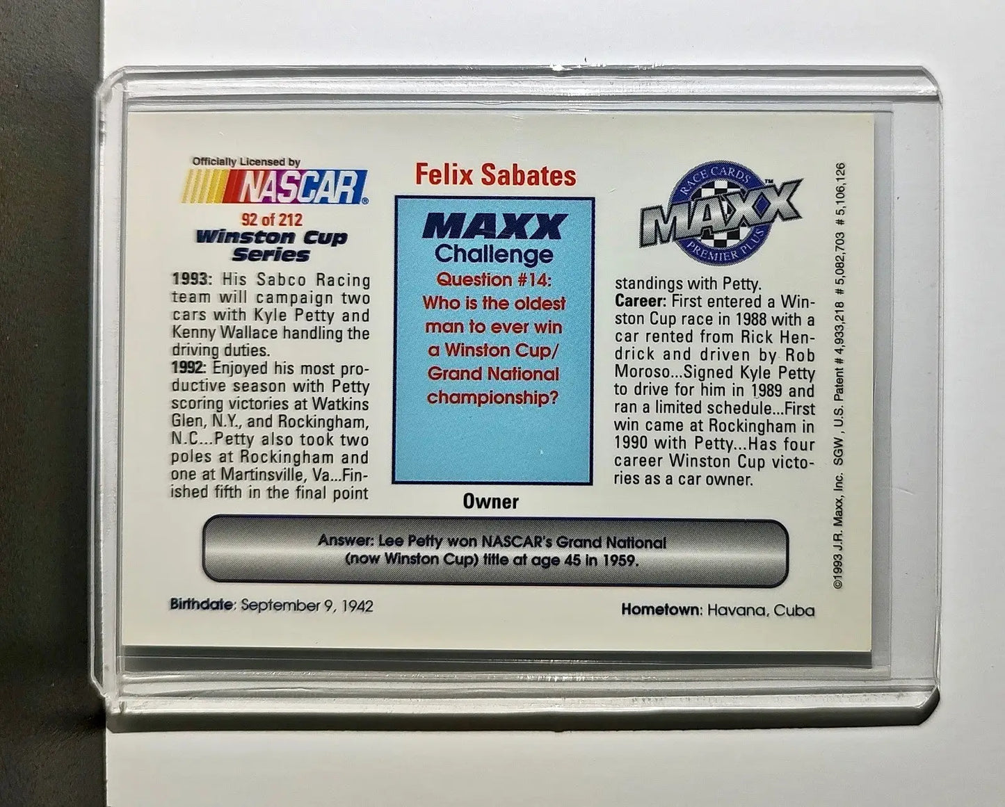 Felix Sabates 1993 Maxx Premier Plus Racing #92 NASCAR Card SABCO Racing