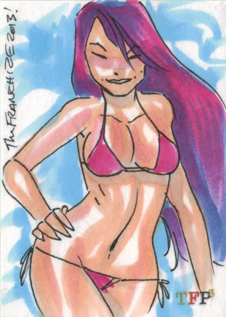 Cartoon drawing of a woman in a pink bikini on a Jerry Gaylord sketch card