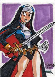 Cartoon nun with sword in Hanie Mohd Warrior Nun Sketch for trading cards collection
